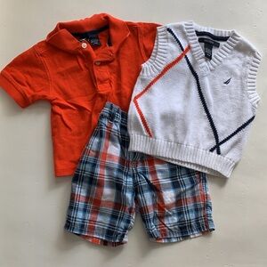 Nautica Blue/Orange/White Plaid Shorts, Polo & White Sweater Vest Boys 12-18 mo